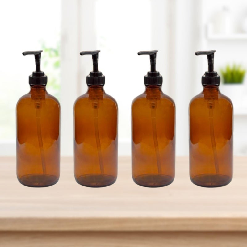 Cornucopia Brands 8oz Glass Pump Bottles (Pack of 4, Amber Brown) Lotion Soap Dispensers w/Black Plastic Pumps - Image 2